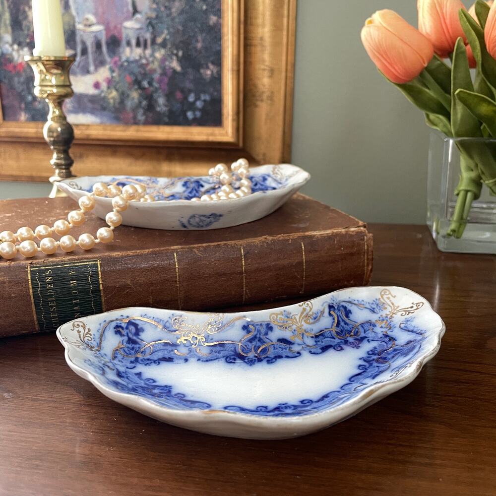 Antique Flow Blue Bone Dish with Gold Detail | Upper Hanley England Elgar